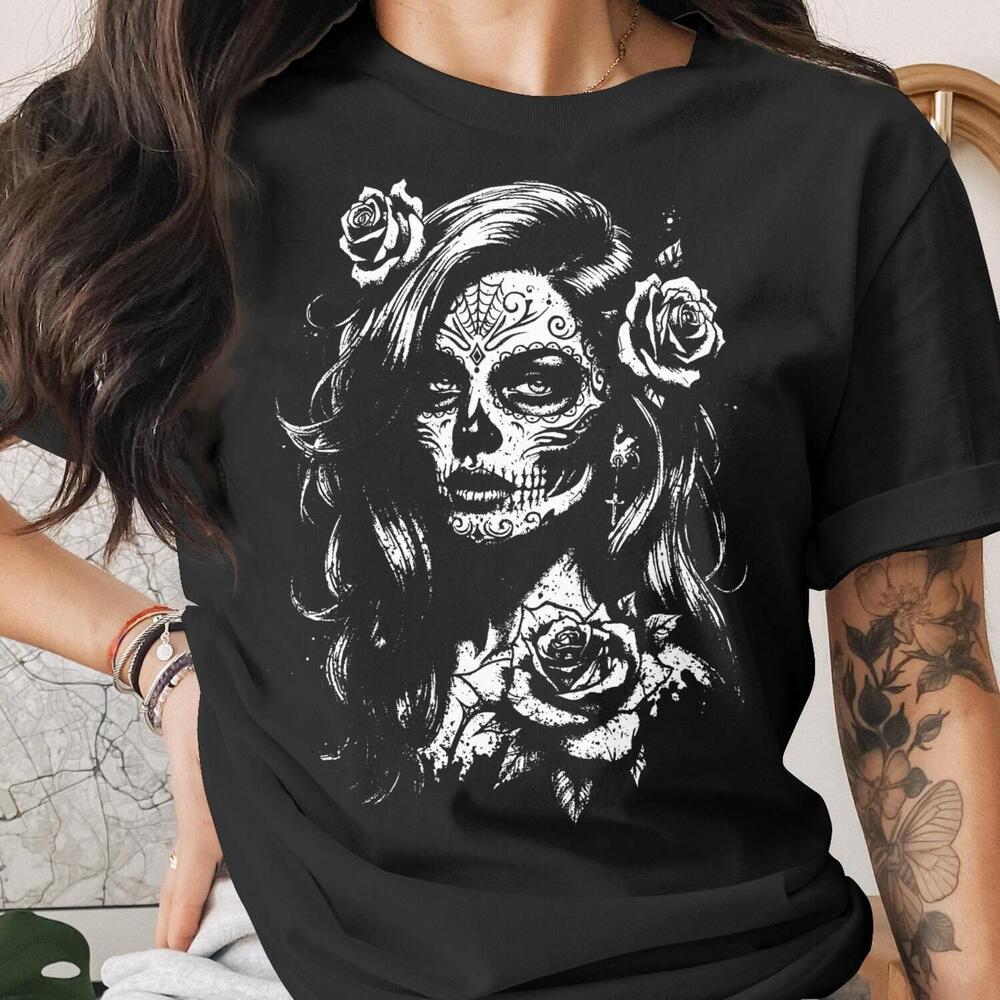 Sugar Skull T-Shirt, Day Of The Dead Calavera Tee, Gothic Woman With Roses